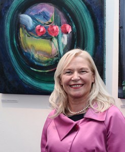 Linda Keating at Patrick Walshe exhibition...and presentation to Marie Keating Foundation by artist of suite of 15 paintings for sake in one lot in aid of cancer survivors.